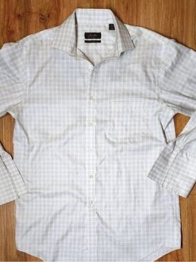 Tasso Elba Men’s French Cuff Dress Shirt Regular Fit 15.5 32/33 Beige Check